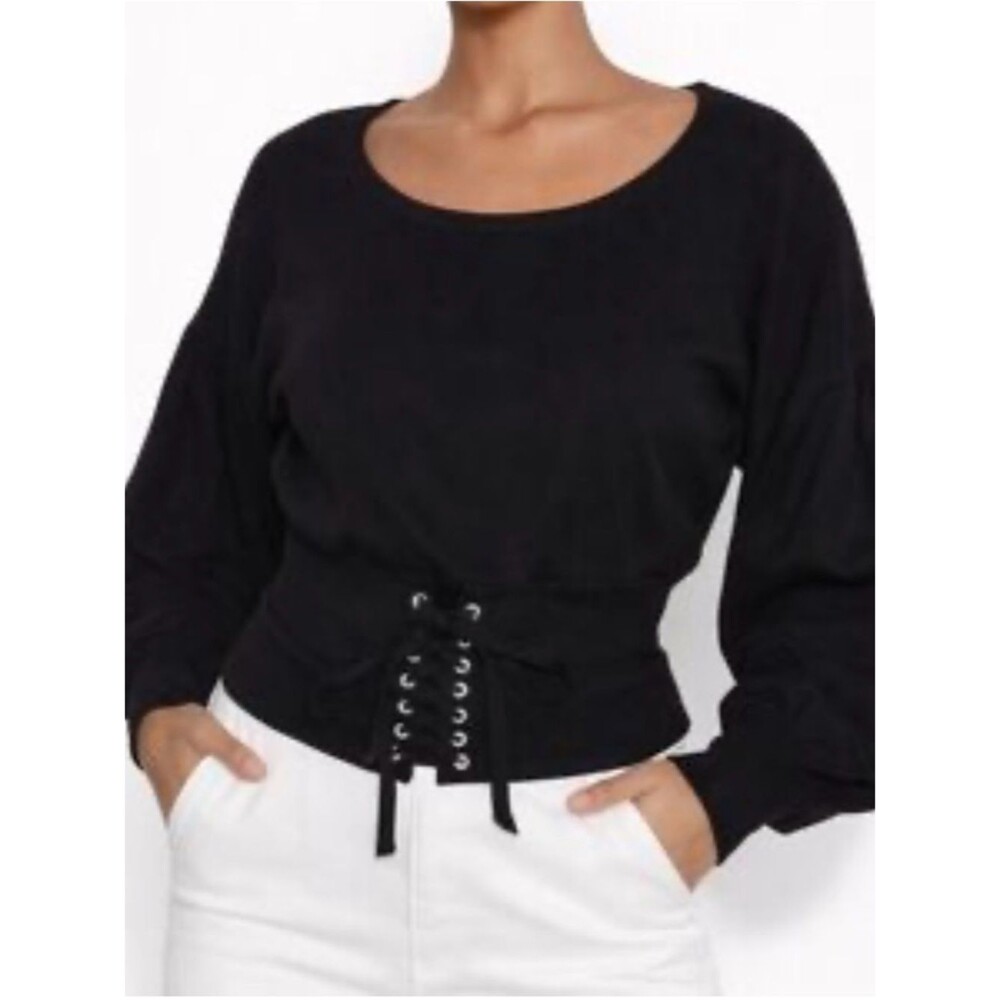 Express Black Lace-Up Waist Puff Sleeve Sweater Size XS